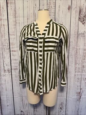 a.n.a Olive Green & White Vertical Stripe Button-Front‎ Shirt